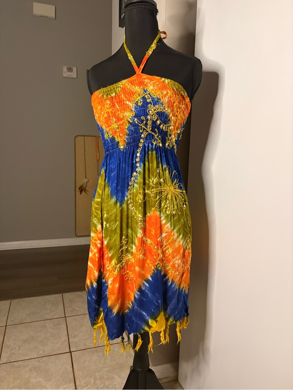 Tie-Dye Halter Mini Dress with Embroidered Detail in Orange, Blue & Green